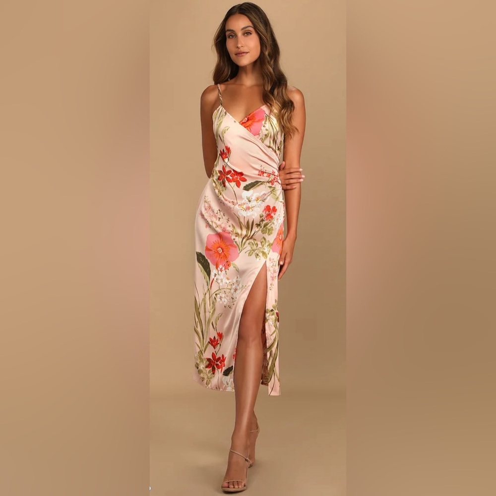 Pink Floral Print Satin Midi Dress